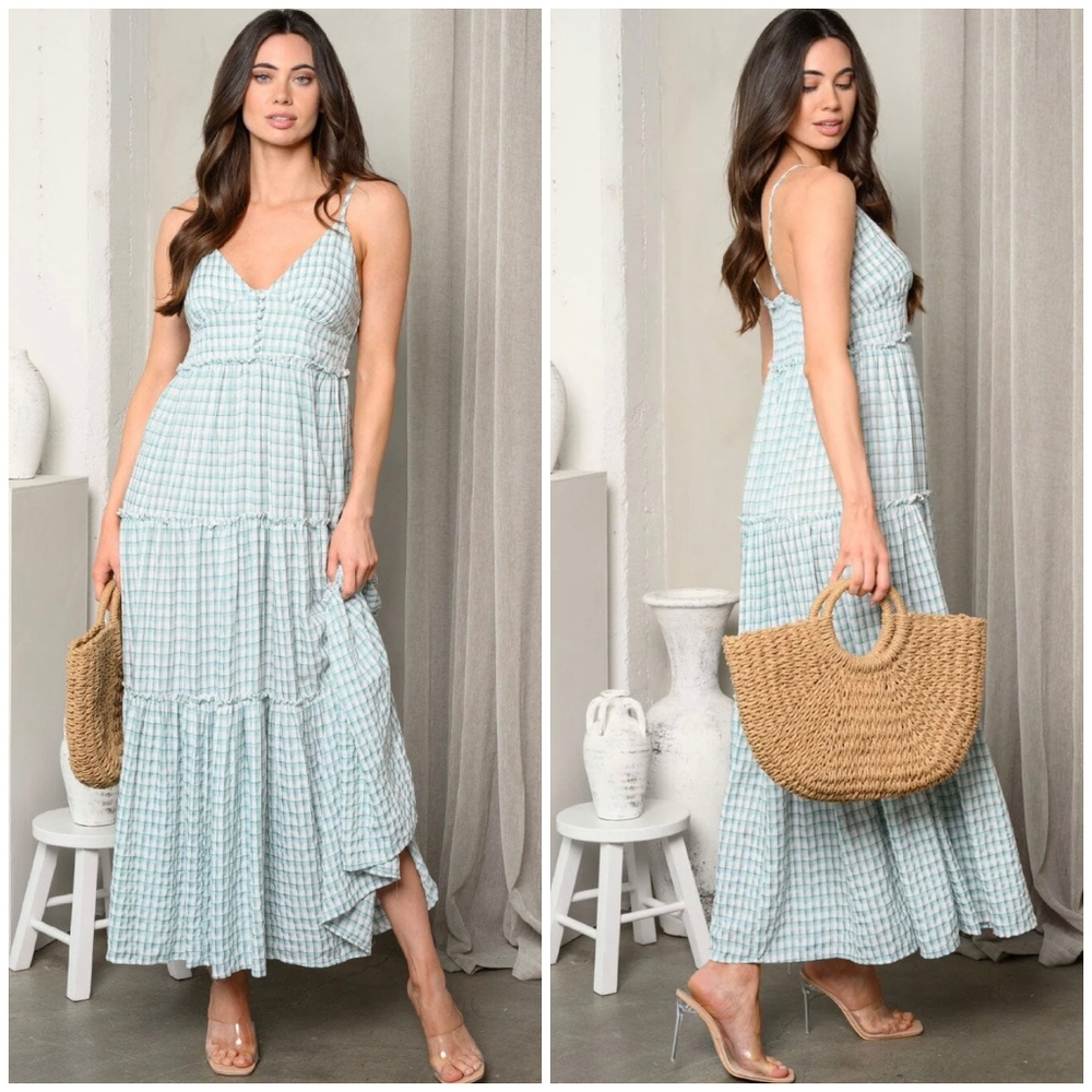 Mint Choco Light Teal Plaid Tiered Maxi Dress - Picture 5 of 7